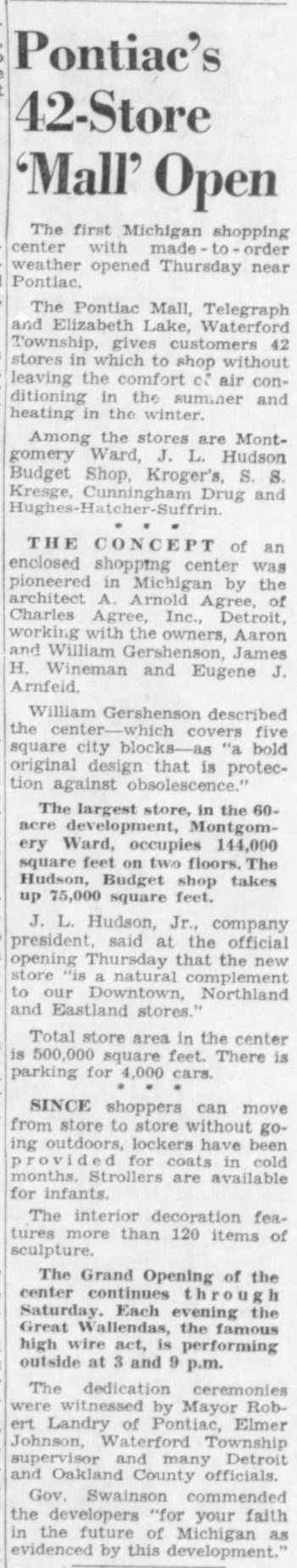 Summit Place Mall (Pontiac Mall) - May 11 1962 Article